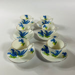 Set of six vintage English bone china dessert plates with bluebell floral pattern and gold rim