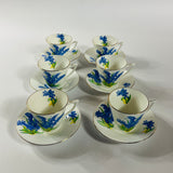 Set of six vintage English bone china dessert plates with bluebell floral pattern and gold rim