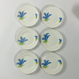 Set of six vintage English bone china dessert plates with bluebell floral pattern and gold rim