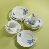 Vintage English bone china dessert set with bluebell floral pattern, cups, saucers, and plates
