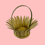 Vintage daisy-shaped wood basket with petal design and curved handle