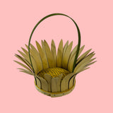 Vintage daisy-shaped wood basket with petal design and curved handle