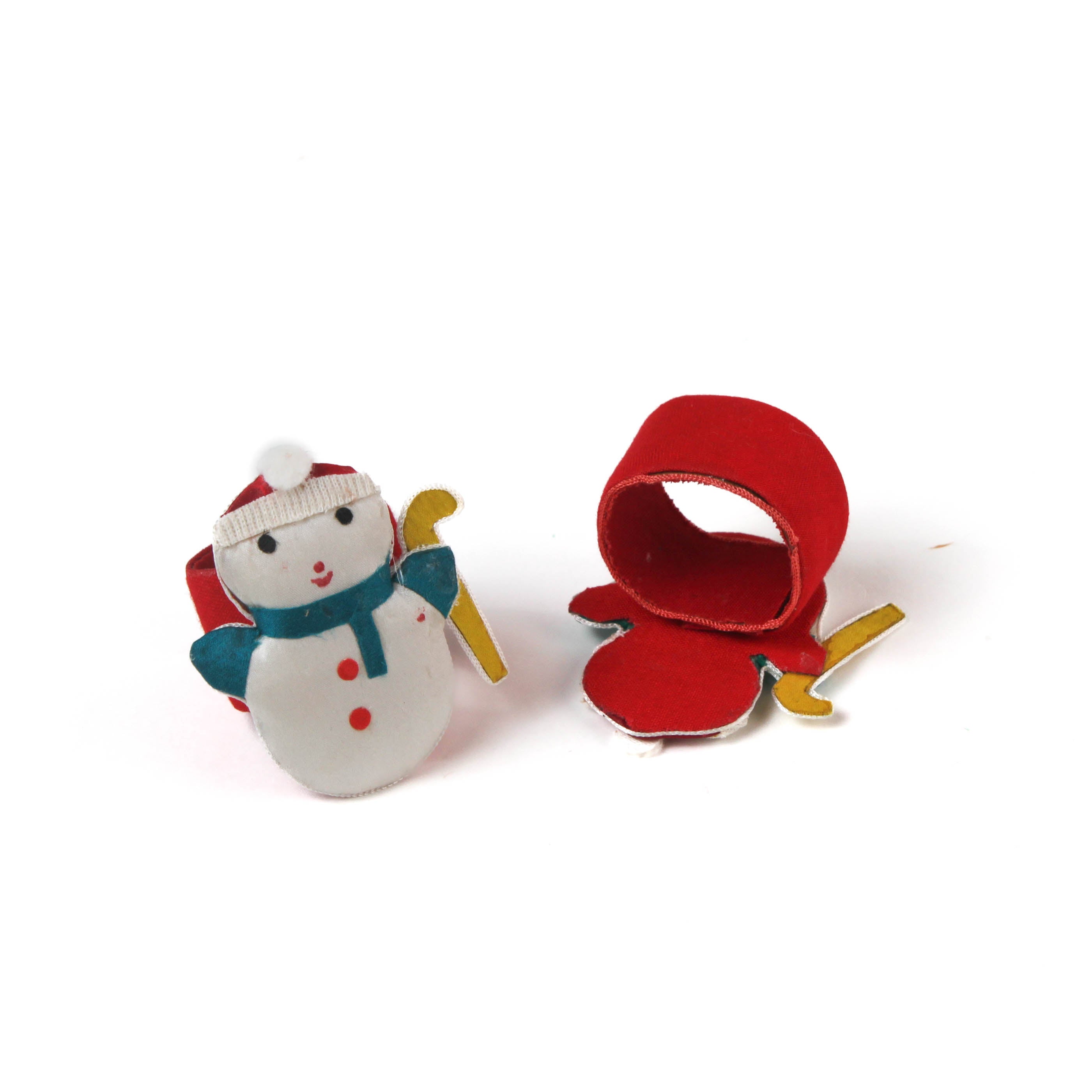 Vintage Satin Snowmen Christmas Napkin Rings showing front and back