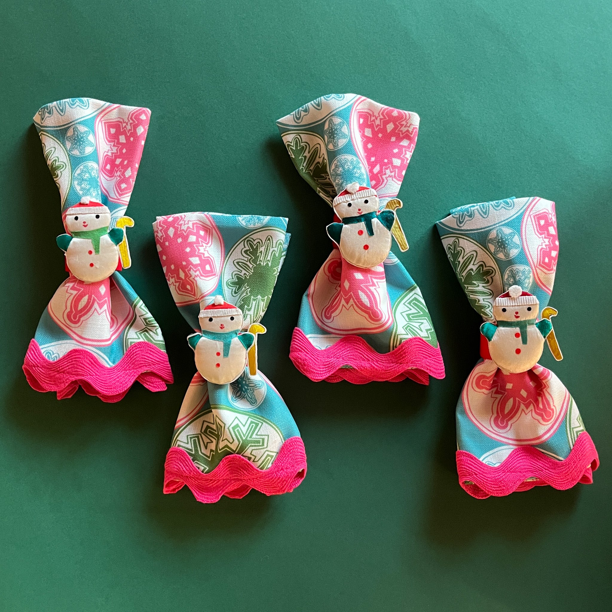 Vintage Satin Snowmen Napkin Rings, Set of 4