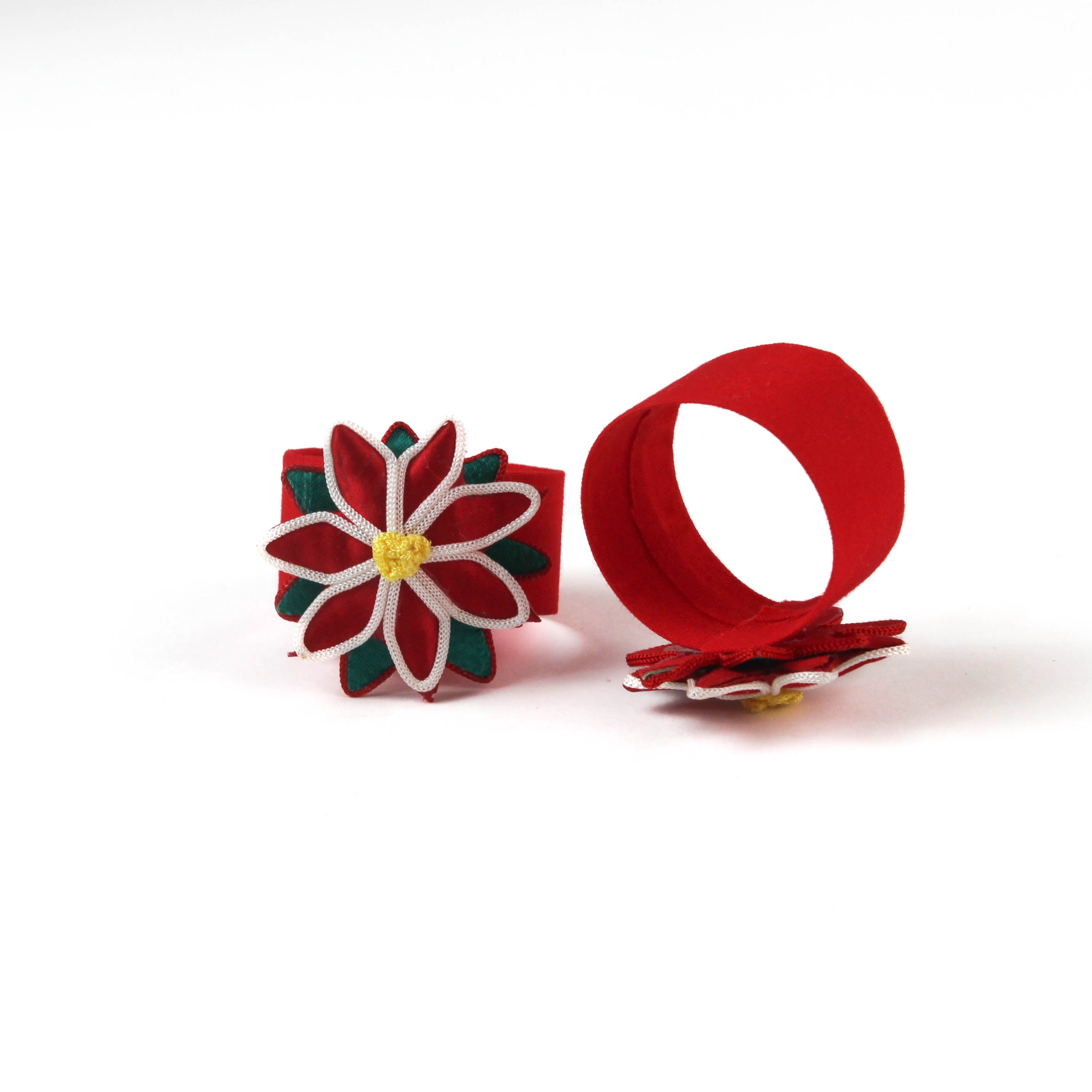 Vintage Satin Poinsettia Napkin Rings showing front and back