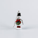 vintage-style snowman ornaments, wearing a colorful top hat and scarf