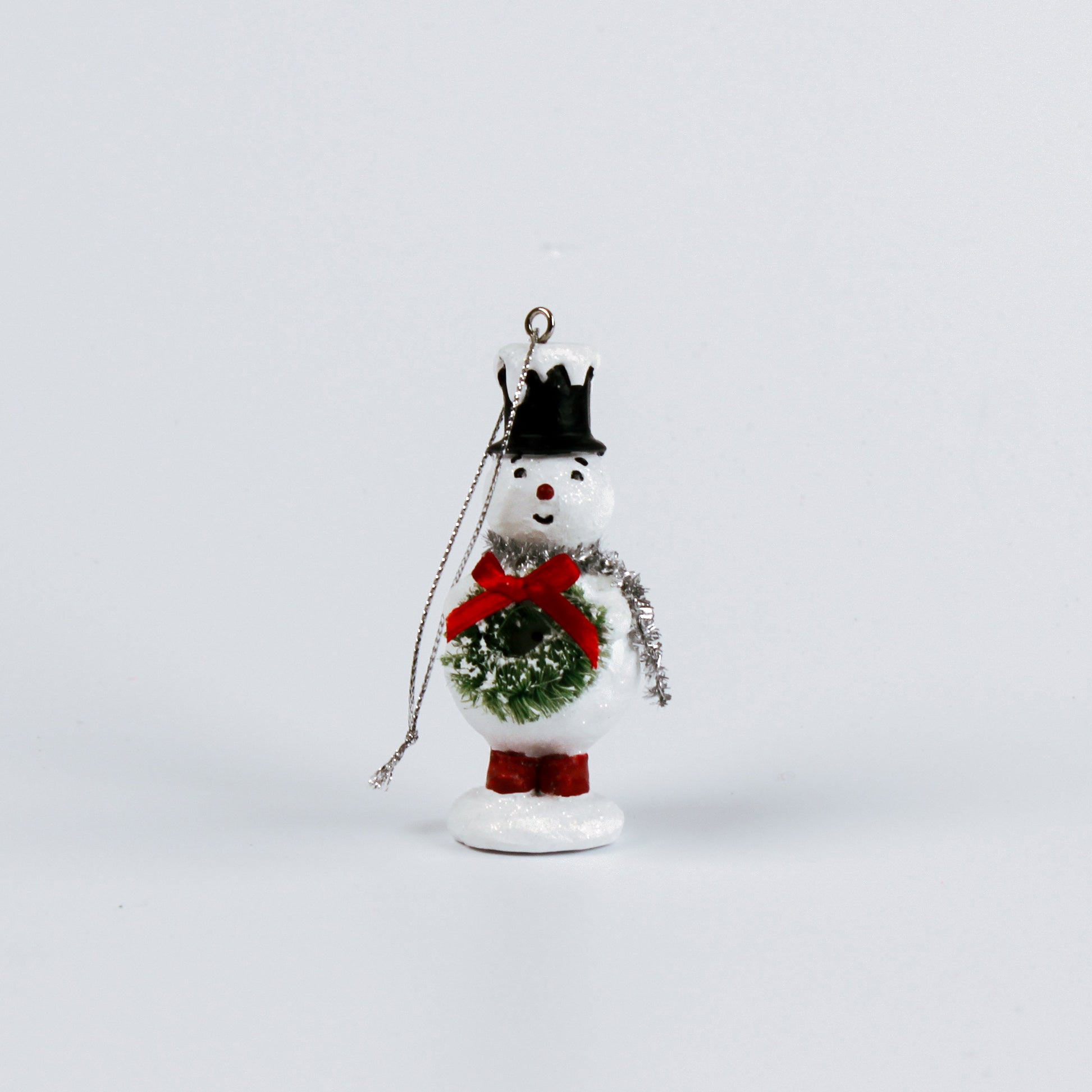 vintage-style snowman ornaments, wearing a colorful top hat and scarf
