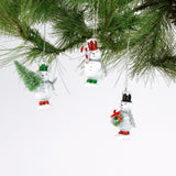 Set of three vintage-style snowman ornaments, each wearing a colorful top hat and scarf