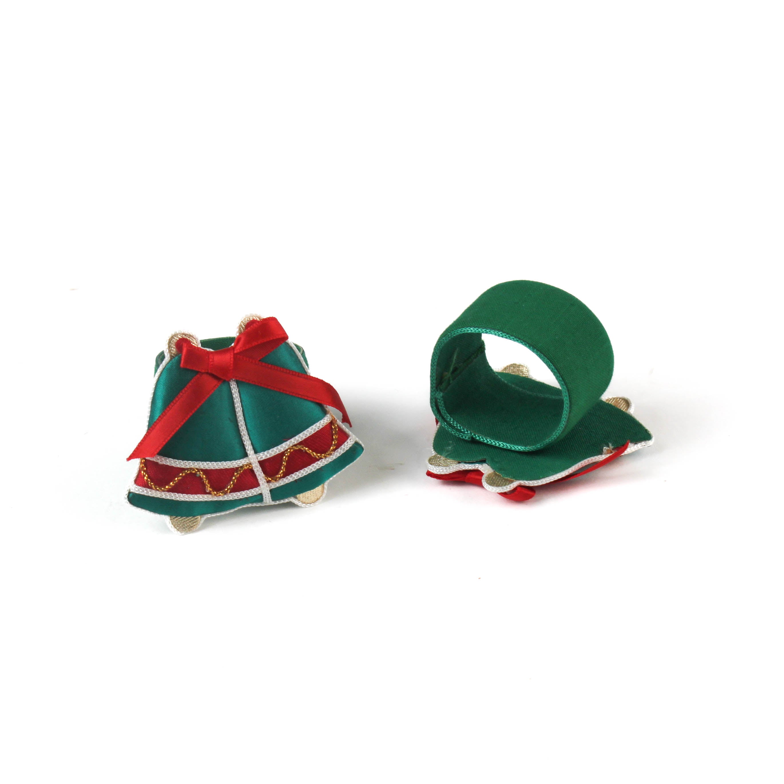 Vintage Satin Bow Bells Christmas Napkin Rings showing front and back