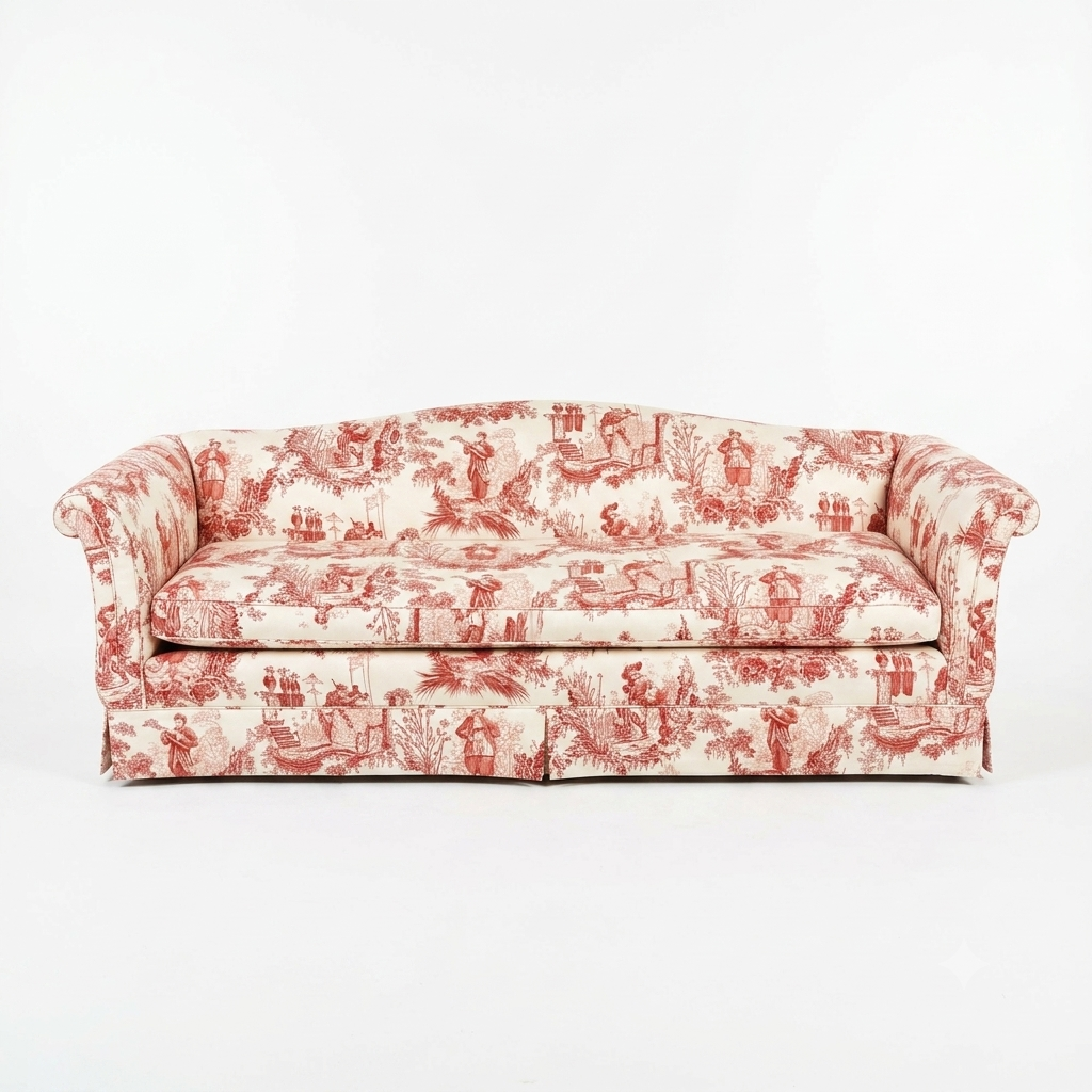 A classic three-seat sofa upholstered in a red and cream toile pattern, set against a plain white studio background.