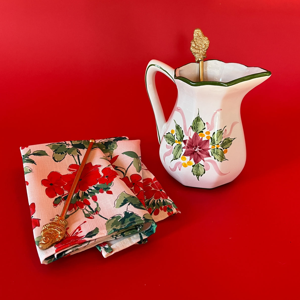 Vintage Ceramic Portuguese Hand-Painted Poinsettia/Holly Pitcher