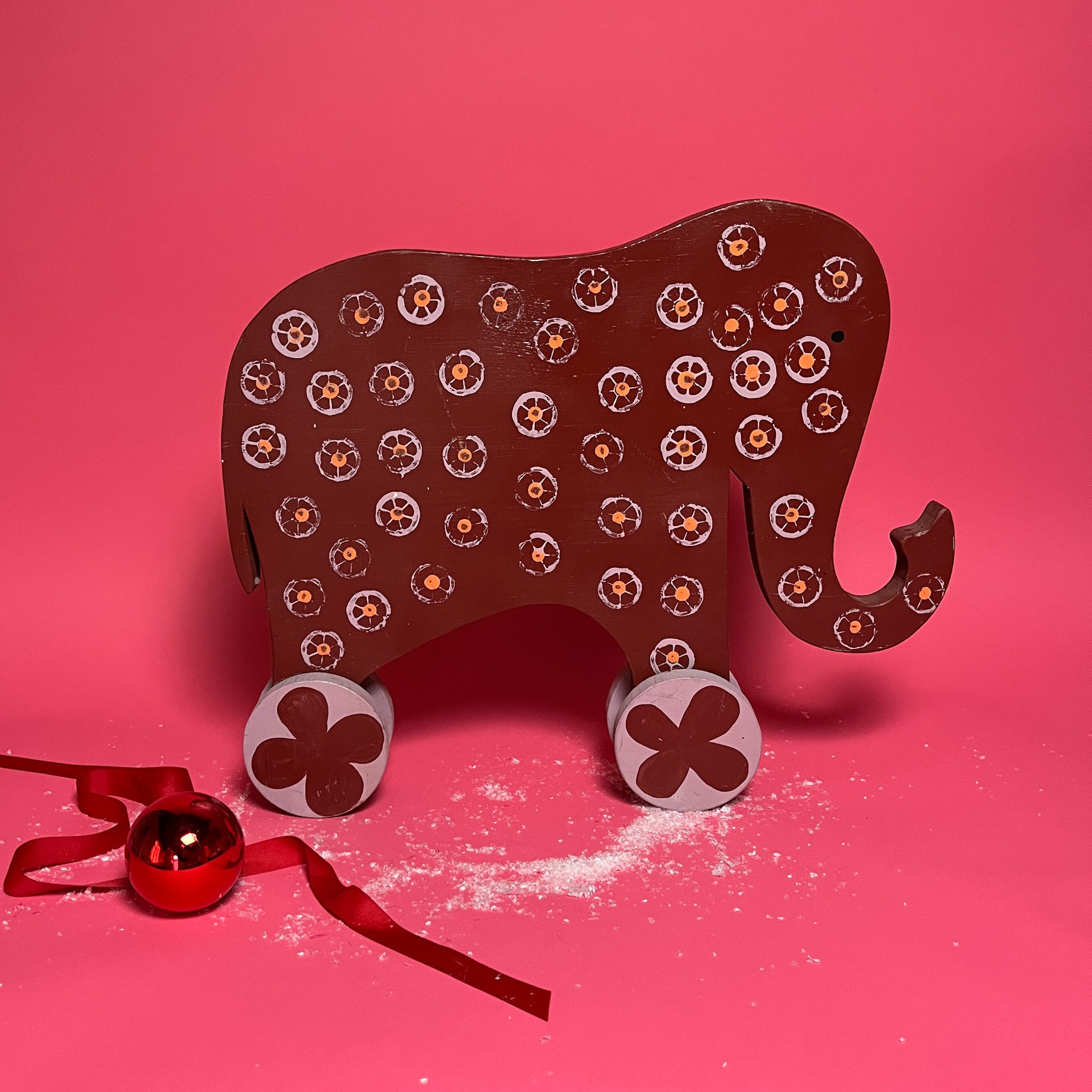 Vintage Hand-Painted Wood Rolling Elephant