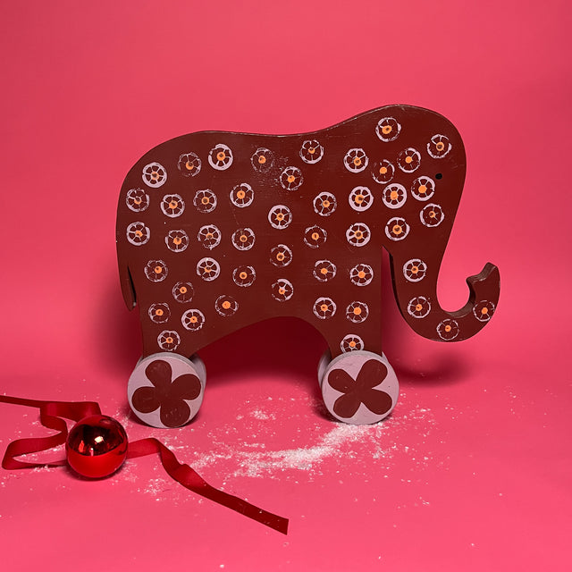 Vintage Hand-Painted Wood Rolling Elephant