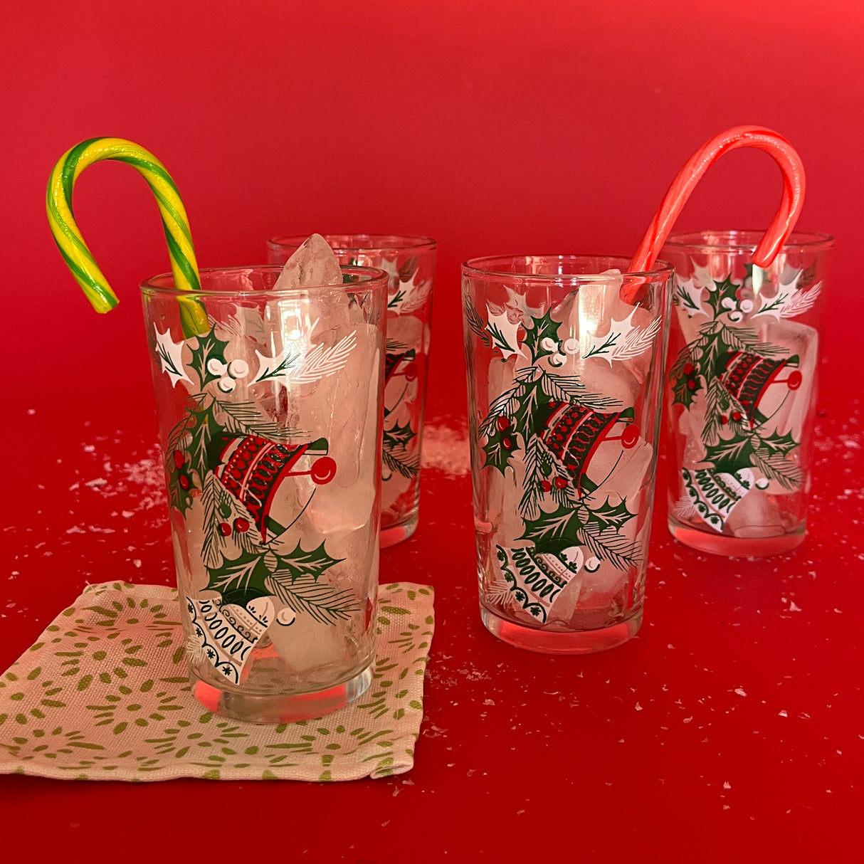 Vintage Ringing Bells Drinks Glasses, Set of 4. Red, Green and White Bells with Holly