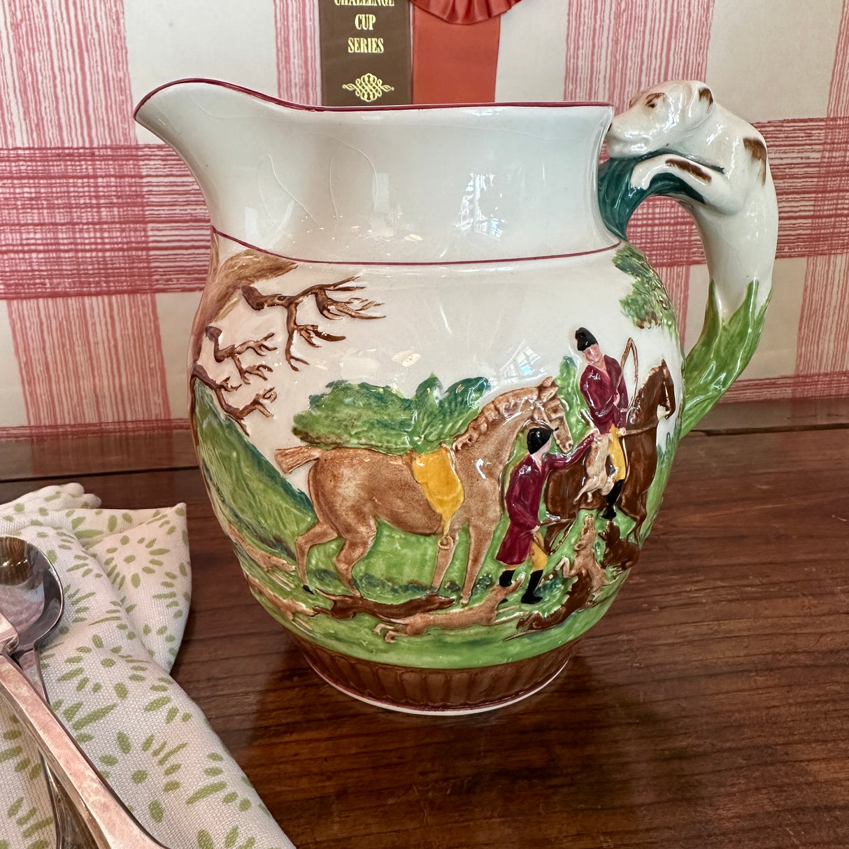 English Fox Hunting Molded Wedgwood Ceramic Pitcher