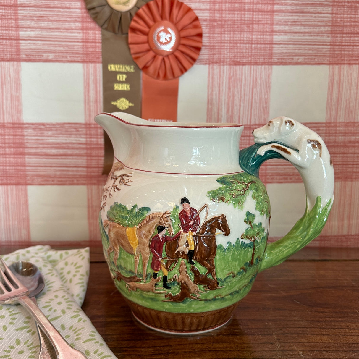 English Fox Hunting Molded Wedgwood Ceramic Pitcher