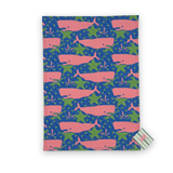 Whale of a Time cotton tea towel featuring playful pink whales on a vibrant blue background with green ocean-inspired details.