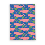 Whale of a Time cotton tea towel featuring playful pink whales on a vibrant blue background with green ocean-inspired details.