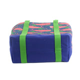 bottom of the large Whale of a Time canvas tote bags with lime straps and blue fabric with a repeating pink whale  and green star motif.