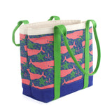 a large Whale of a Time canvas tote bags with lime straps and blue fabric with a repeating pink whale  and green star motif.