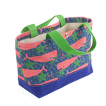 small  Whale of a Time canvas tote bags with lime straps and blue fabric with a repeating pink whale  and green star motif.