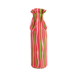 pink and green striped fabric wine bag standing upright