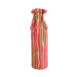 pink and green striped fabric wine bag standing upright