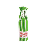 green and white striped wine bag with a “Beats Coal!” label on the front