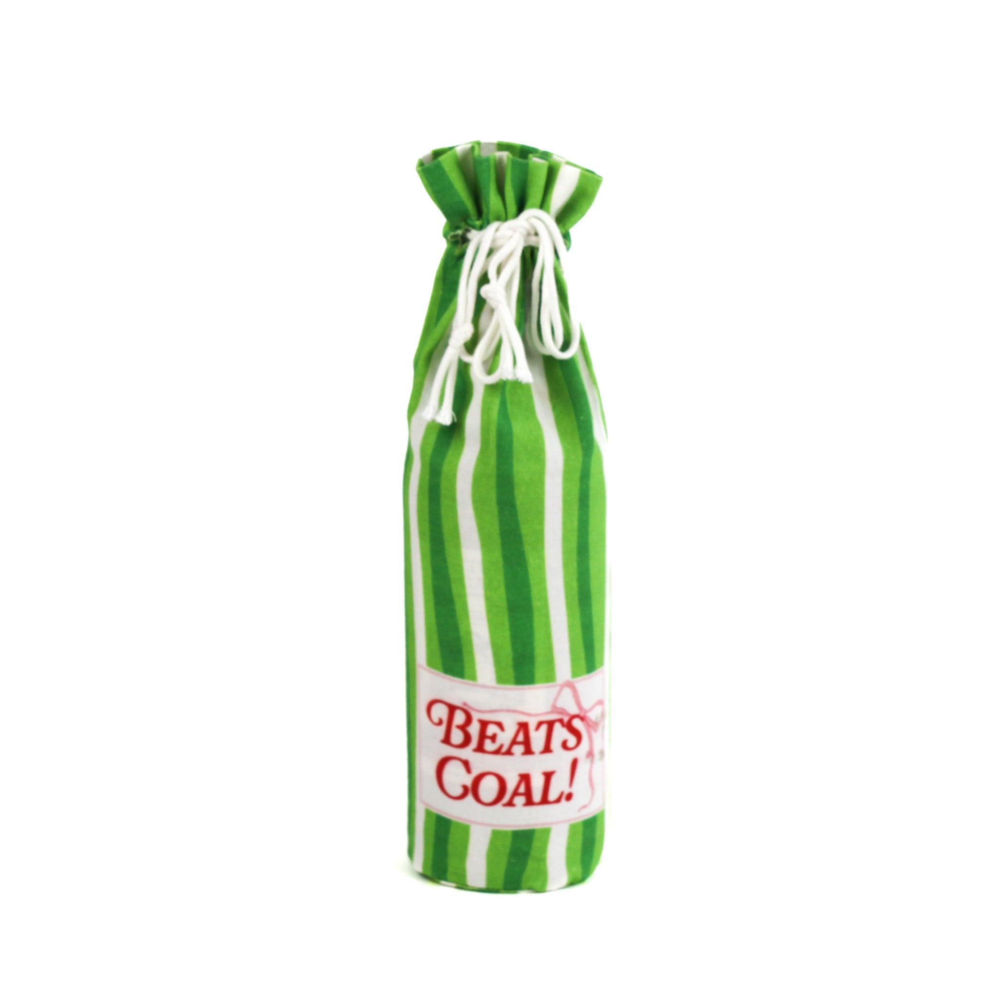 green and white striped wine bag with a “Beats Coal!” label on the front