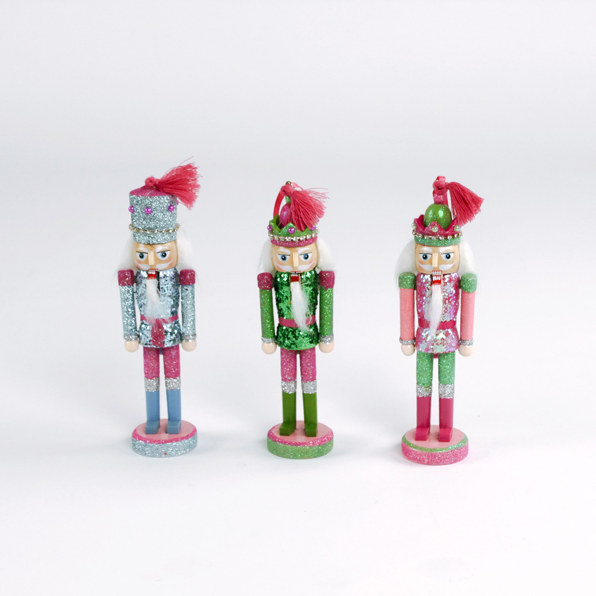 set of three Wood Glitter Nutcracker Christmas Ornaments