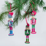 set of three Wood Glitter Nutcracker Christmas Ornaments