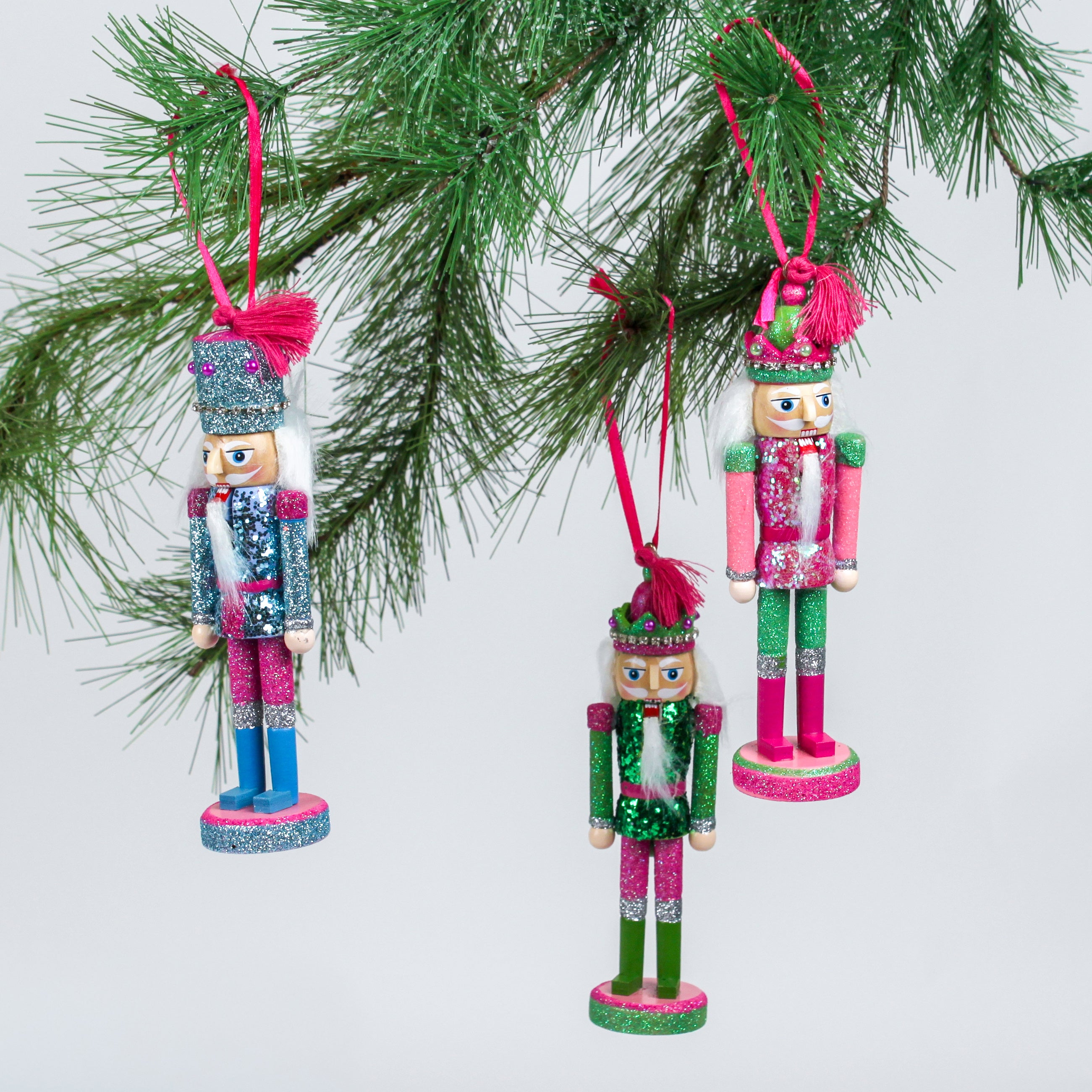 set of three Wood Glitter Nutcracker Christmas Ornaments