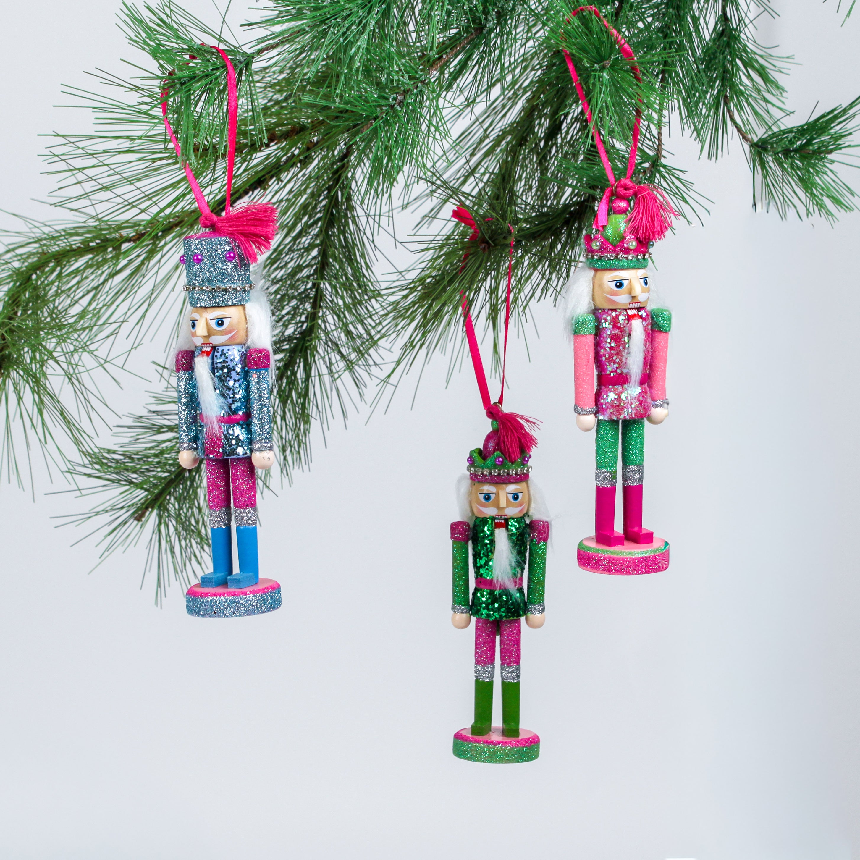 set of three Wood Glitter Nutcracker Christmas Ornaments