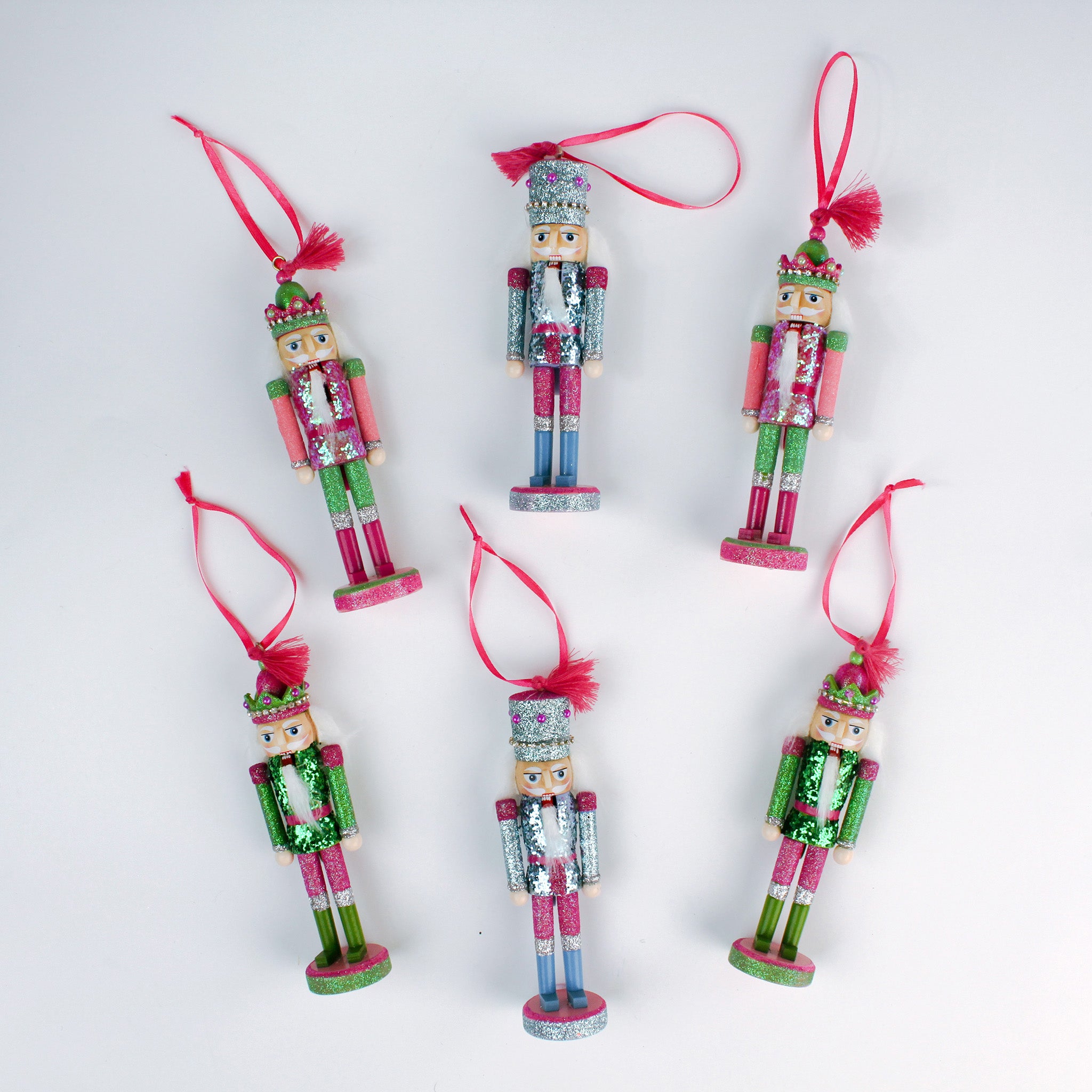set of six Wood Glitter Nutcracker Christmas Ornaments