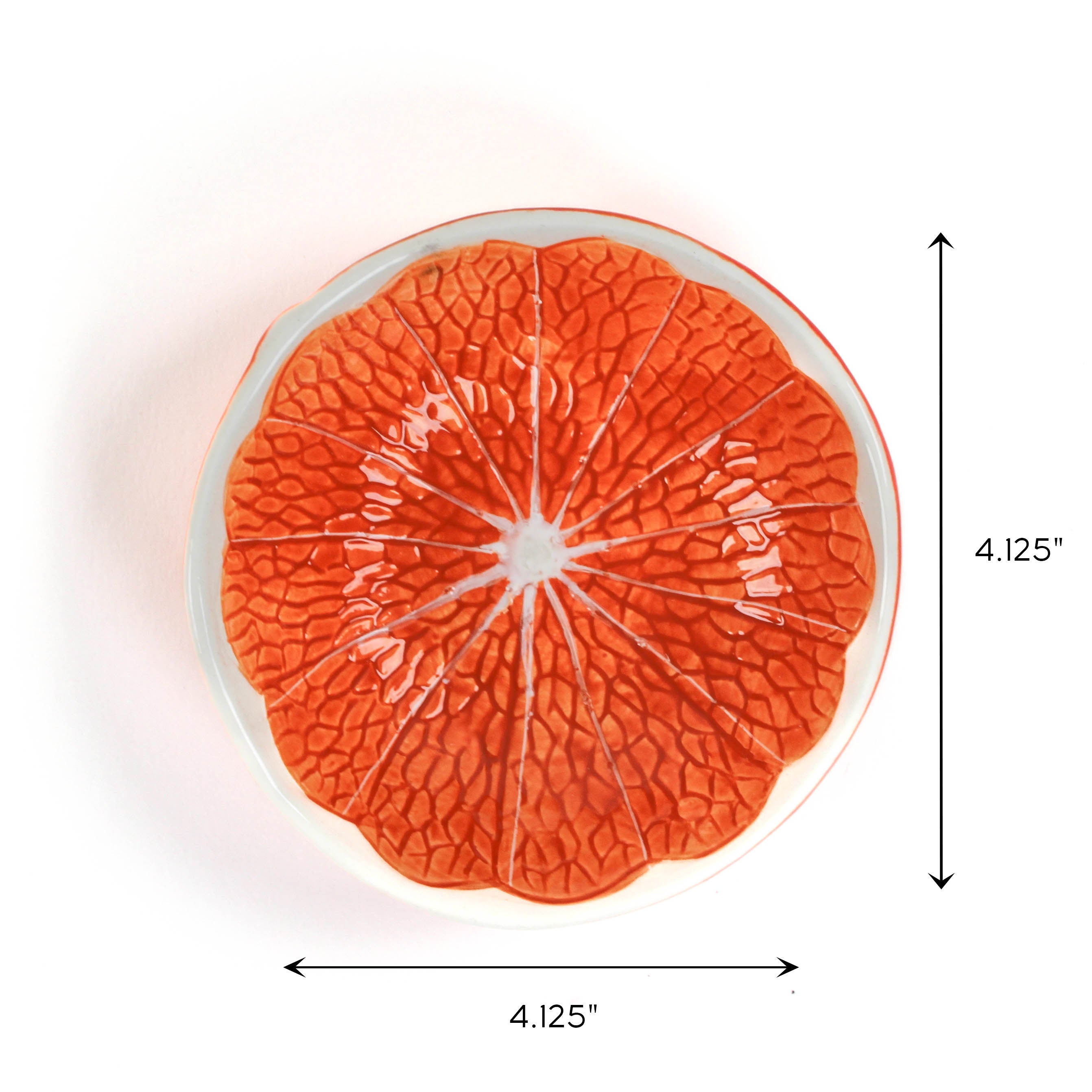 Round orange slice ornament with textured citrus segment design, approximately 4.125 inches wide, decorative accent on a white background for Christmas tea towel styling, holiday table décor, and seasonal home display