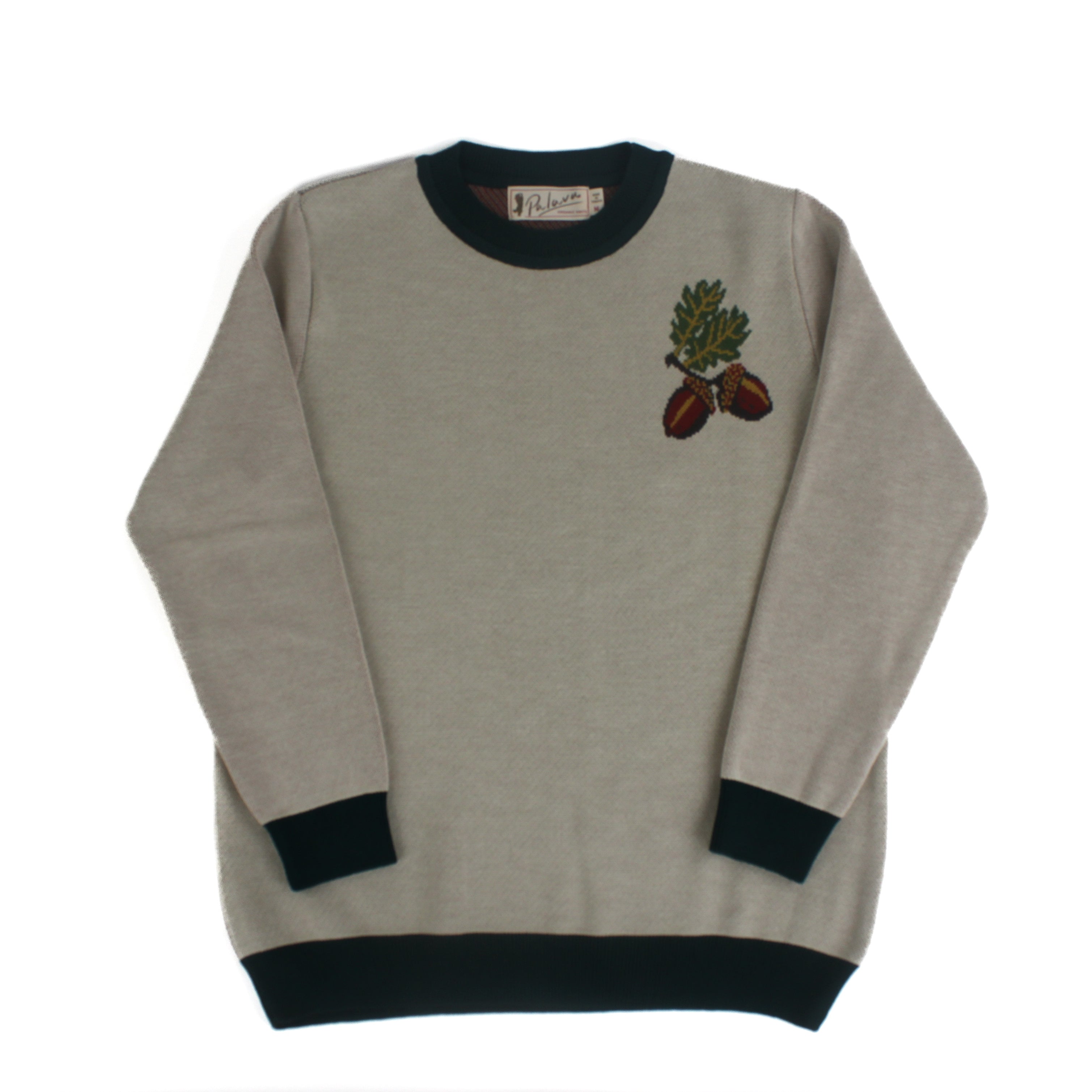 Neutral knit sweater with embroidered acorn and oak leaf motif on the chest