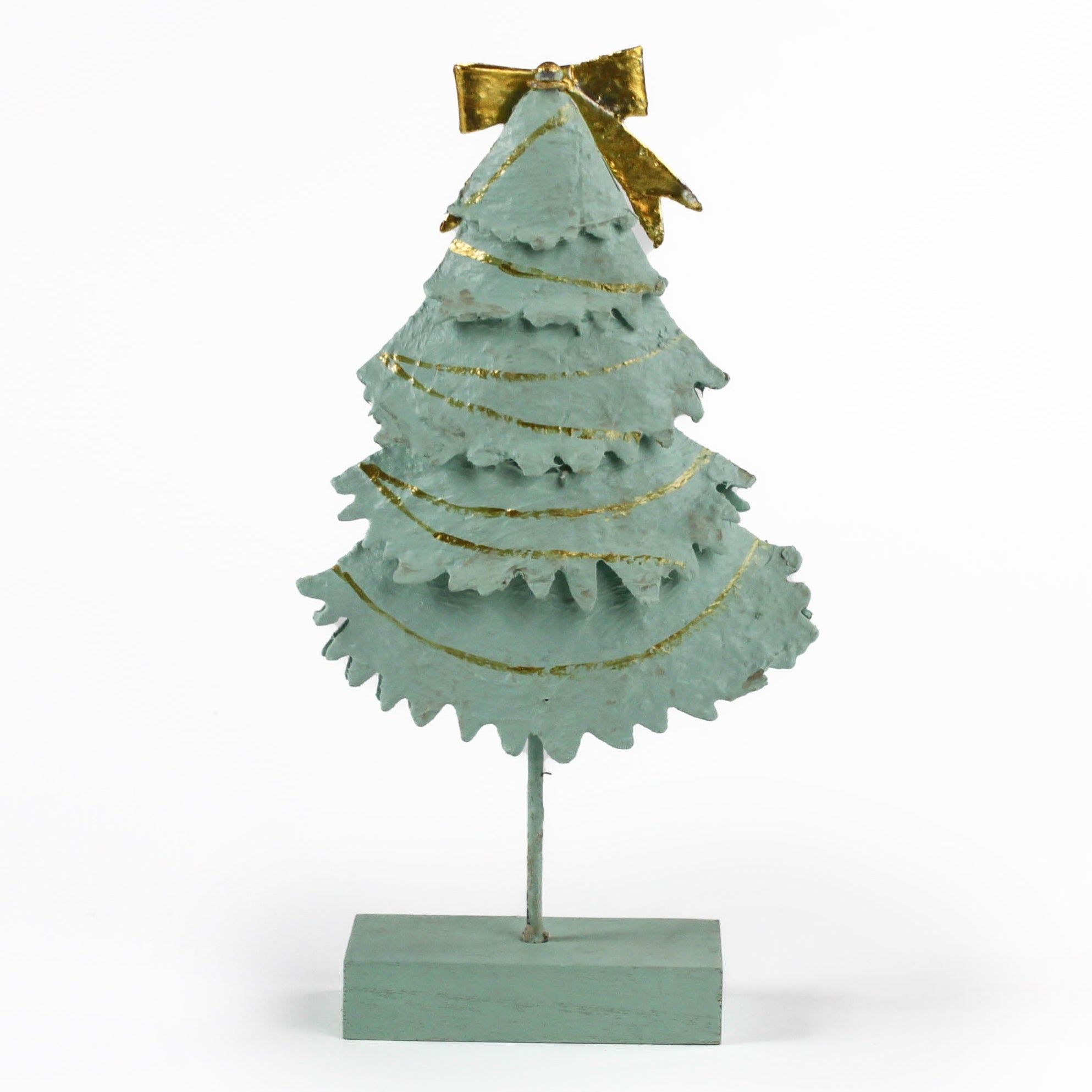 back of Green Christmas Tree Table Decorations in white background