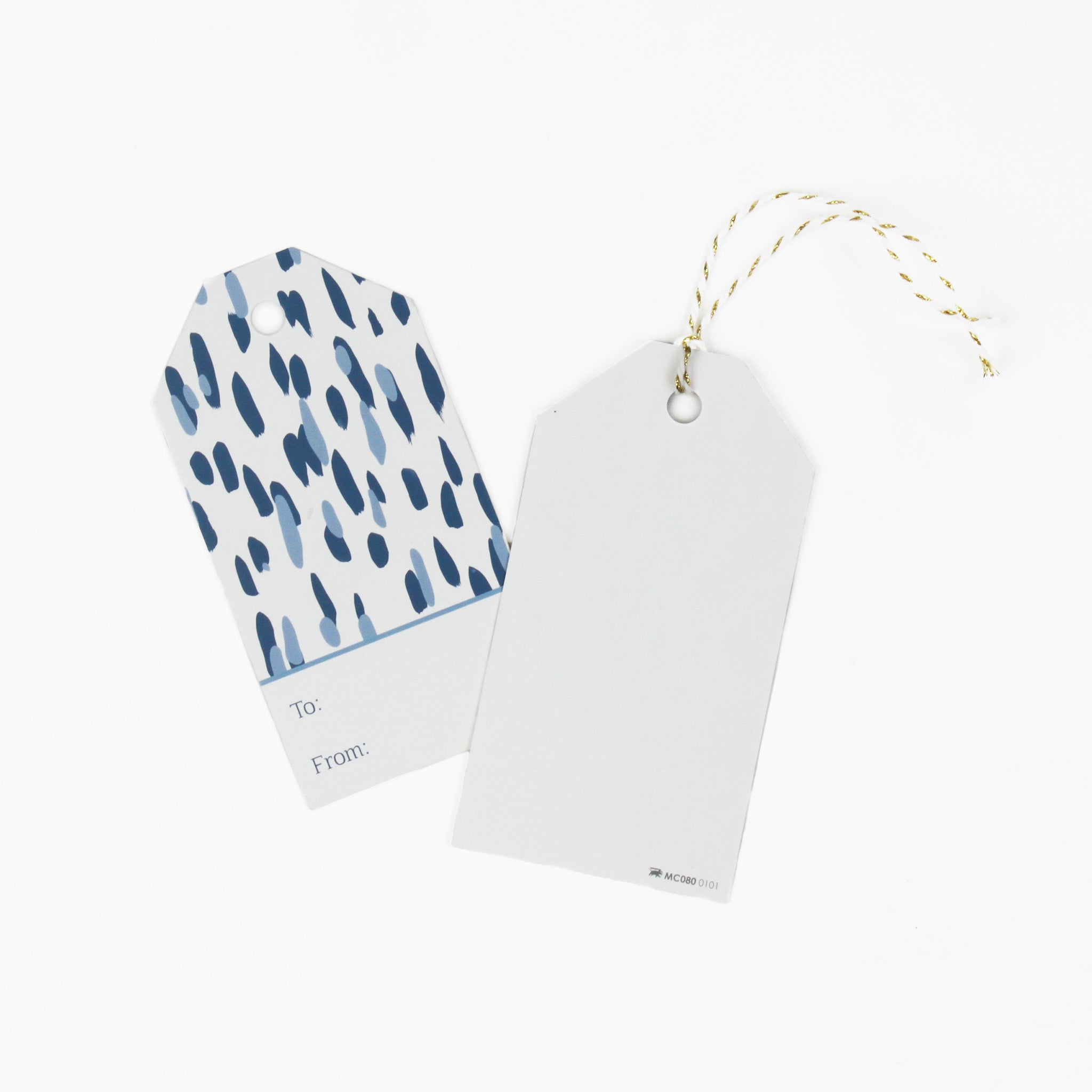 A blue gift tag with a geometric pattern, 1 showing the back displayed on a white background