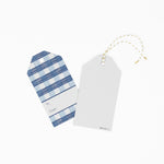 2 blue gingham patterned gift tag with a white space for personalize message . 1 showing the front and the other showing the back