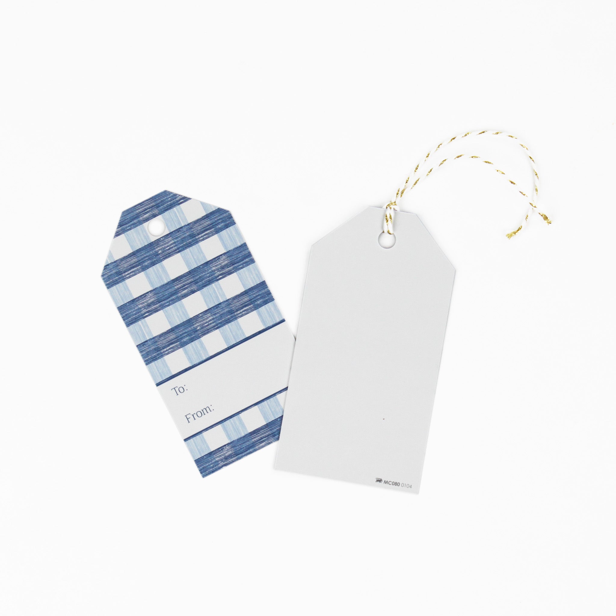 2 blue gingham patterned gift tag with a white space for personalize message . 1 showing the front and the other showing the back
