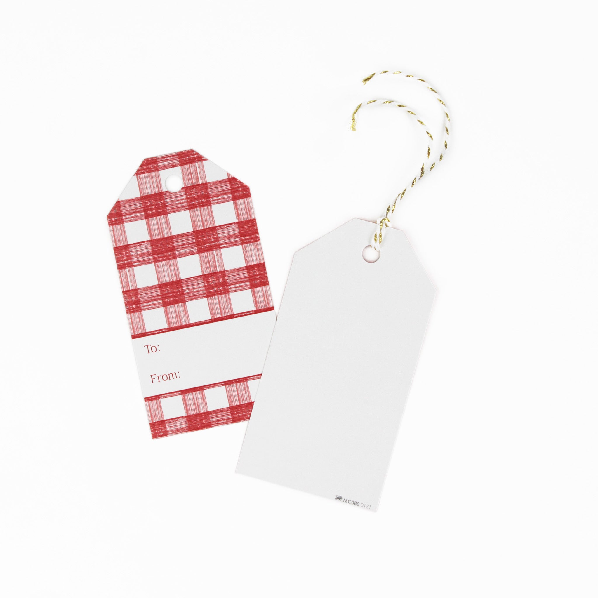 A red gingham patterned gift tags with a white space for personalized message with 1 showing the back