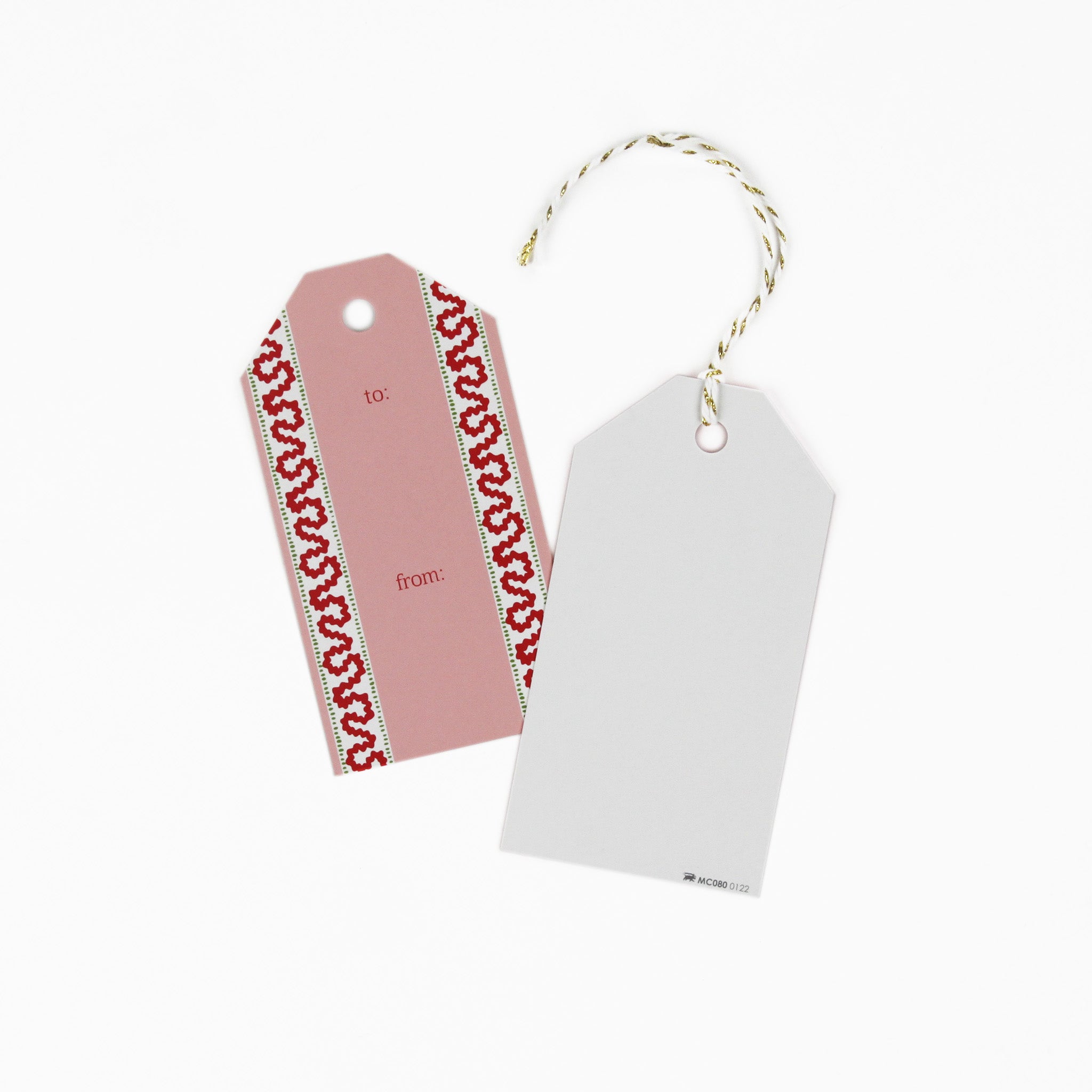 2 gift tags with harbor trail design in red/pink with a space for personalize message, 1 showing the front and the other showing the back
