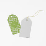 2 gift tag with a geometric lattice pattern in green/yellow, with a space for personalized message. 1 showing the front and the other showing the back