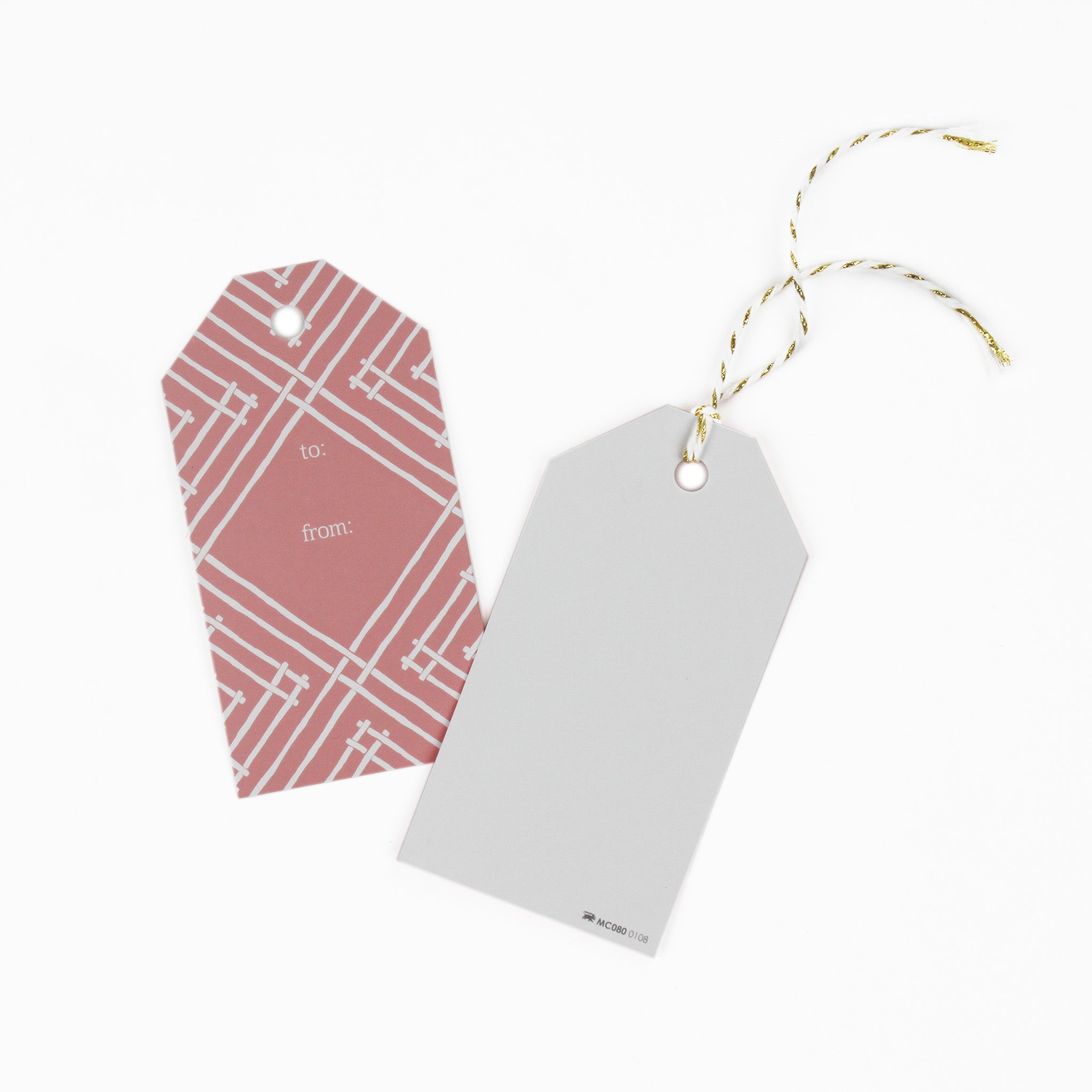 2 gift tags with a geometric lattice pattern in pink, with a space for personalized message. 1 showing the front and the other showing the back