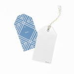 2 gift tags with a geometric lattice pattern in blue, with a space for personalized message. 1 showing the front and the other showing the back