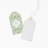 2 gift tag with a geometric lattice pattern in green, with a space for personalized message. 1 showing the front and the other showing the back
