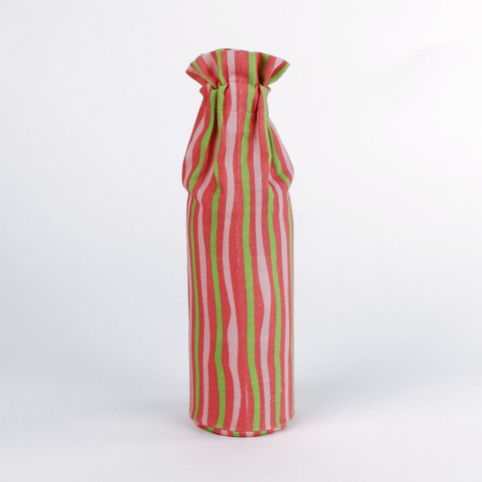 Madcap Cottage Striped wine glass bag with red and green pattern on a white background