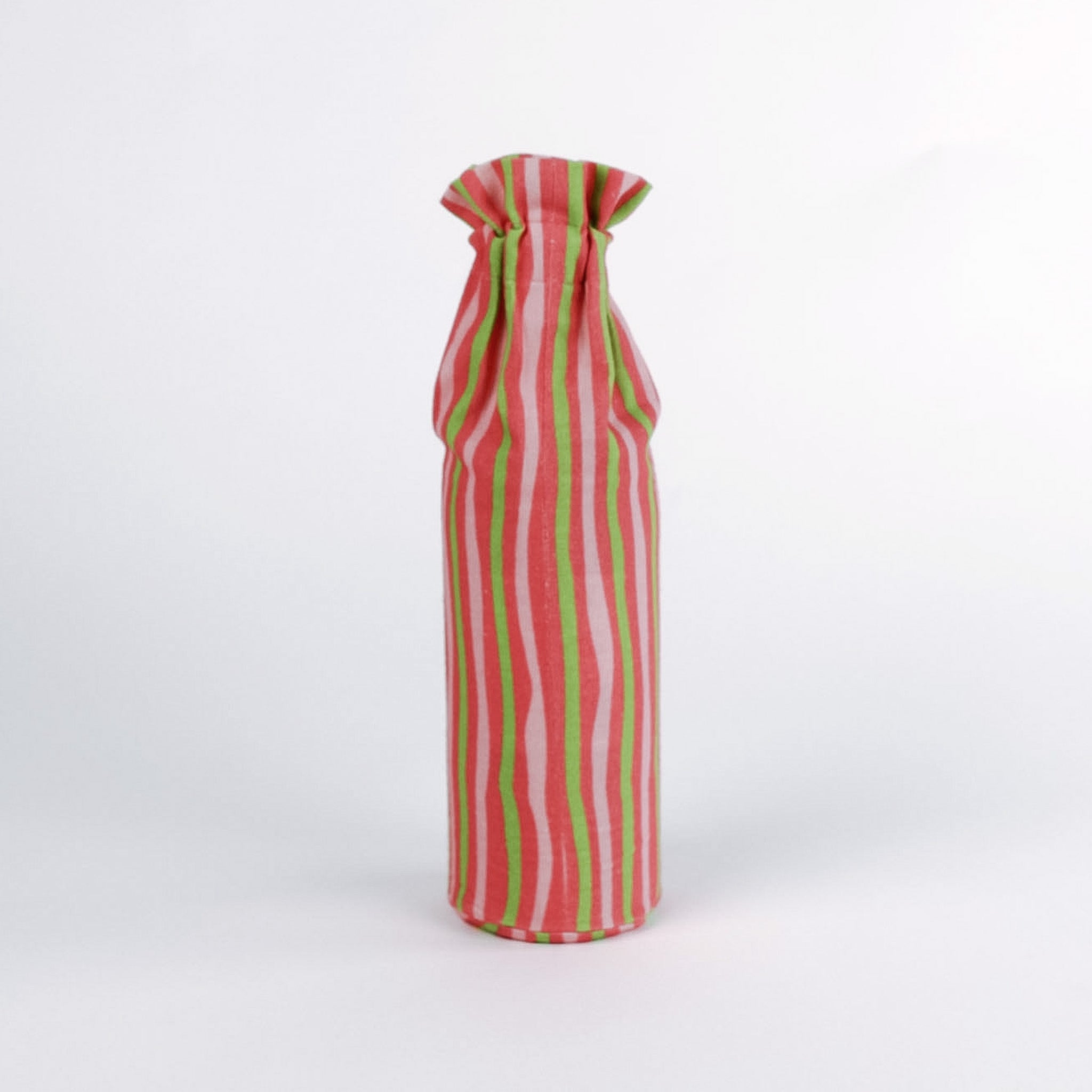 Madcap Cottage Striped wine glass bag with red and green pattern on a white background
