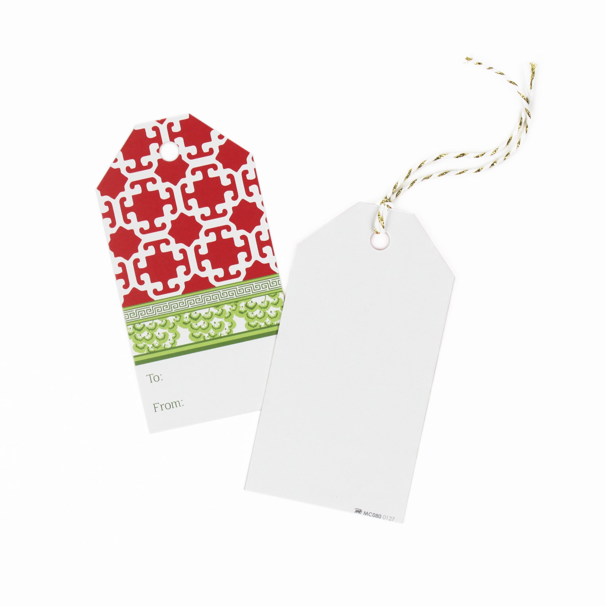 2 Monserrat red gift tag with white space for personalized message. 1 showing the front and the other showing the back