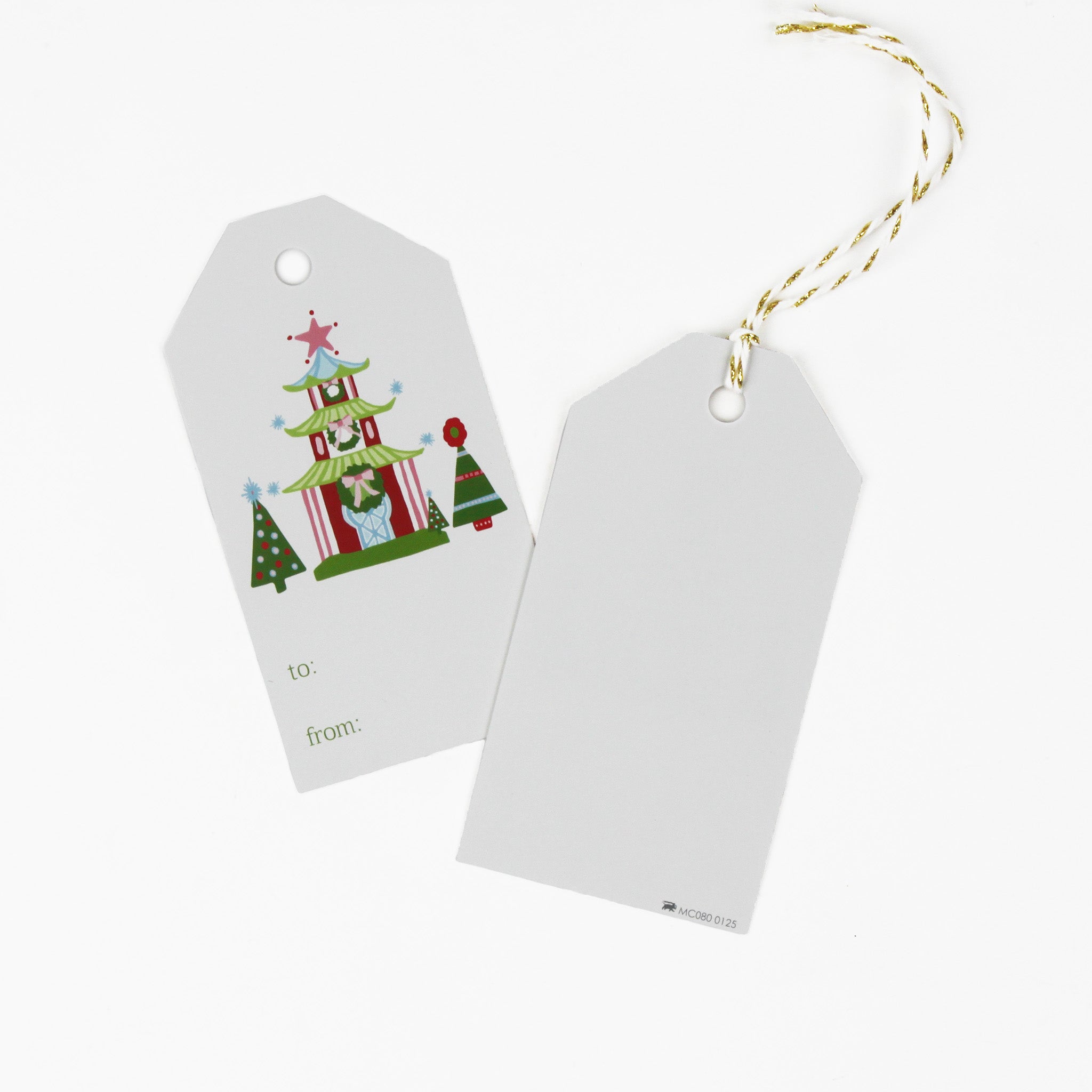 2 gift tags with pagodas chinoiserie christmas design with a space for personal message, 1 showing the back